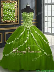 Olive Green Lace Up Sweetheart Beading and Appliques Sweet 16 Dress Tulle Sleeveless Brush Train