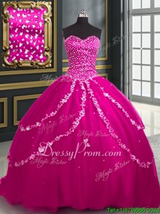 Popular Fuchsia Tulle Lace Up 15th Birthday Dress Sleeveless With Brush Train Beading and Appliques