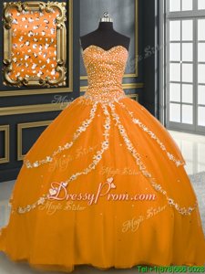 Hot Selling With Train Orange Quinceanera Dress Tulle Brush Train Sleeveless Spring and Summer and Fall and Winter Beading and Appliques