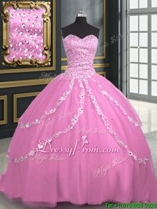 Modern With Train Rose Pink Vestidos de Quinceanera Tulle Brush Train Sleeveless Spring and Summer and Fall and Winter Beading and Appliques