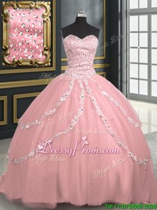 Elegant Pink Tulle Lace Up Sweetheart Sleeveless With Train 15 Quinceanera Dress Brush Train Beading and Appliques