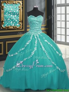 Customized Spring and Summer and Fall and Winter Tulle Sleeveless With Train Vestidos de Quinceanera Brush Train andBeading and Appliques