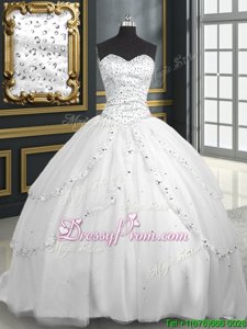 Shining With Train Ball Gowns Sleeveless White 15 Quinceanera Dress Brush Train Lace Up