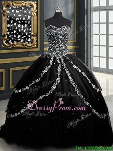 Popular Sleeveless Brush Train Beading and Appliques Lace Up Quinceanera Dresses