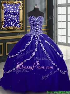 Customized Blue Tulle Lace Up Sweetheart Sleeveless With Train Sweet 16 Quinceanera Dress Brush Train Beading and Appliques