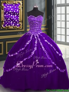 Super Tulle Sweetheart Sleeveless Brush Train Lace Up Beading and Appliques Quince Ball Gowns inPurple