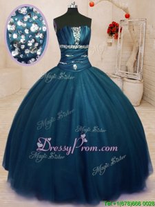 Glamorous Navy Blue Ball Gowns Strapless Sleeveless Tulle Floor Length Lace Up Beading Vestidos de Quinceanera