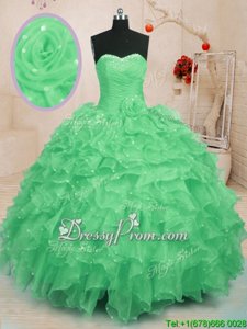 Super Sweetheart Sleeveless Organza Ball Gown Prom Dress Beading and Ruffles and Hand Made Flower Lace Up