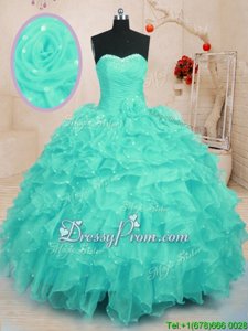 Sweetheart Sleeveless Organza Quinceanera Dress Beading and Ruffles and Hand Made Flower Lace Up