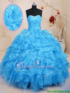 Captivating Baby Blue Sleeveless Floor Length Beading and Ruffles and Hand Made Flower Lace Up Quinceanera Dress