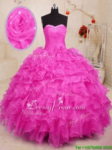 Sweet Floor Length Lace Up Ball Gown Prom Dress Hot Pink and In forMilitary Ball and Sweet 16 and Quinceanera withBeading and Ruffles and Hand Made Flower