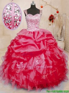 Straps Sleeveless Lace Up Ball Gown Prom Dress Coral Red Organza