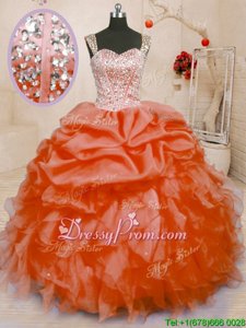 Extravagant Orange Ball Gowns Straps Sleeveless Organza Floor Length Lace Up Beading and Ruffles and Pick Ups Quinceanera Dress