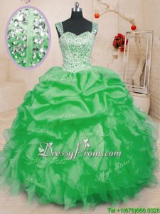 Inexpensive Spring Green Quinceanera Dress Military Ball and Sweet 16 and Quinceanera and For withBeading and Ruffles and Pick Ups Straps Sleeveless Lace Up