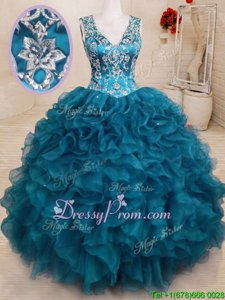 Affordable Floor Length Teal Sweet 16 Dresses V-neck Sleeveless Backless