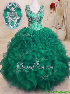 Dark Green Ball Gowns Organza V-neck Sleeveless Beading and Embroidery and Ruffles Floor Length Zipper Ball Gown Prom Dress