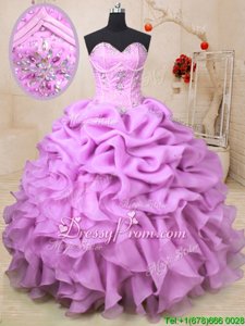 Enchanting Lilac Ball Gowns Organza Sweetheart Sleeveless Beading and Ruffles and Pick Ups Floor Length Lace Up Quince Ball Gowns