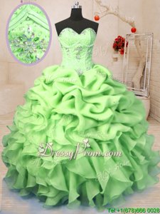 Fitting Yellow Green Ball Gowns Beading and Ruffles and Pick Ups Quinceanera Dresses Lace Up Organza Sleeveless Floor Length