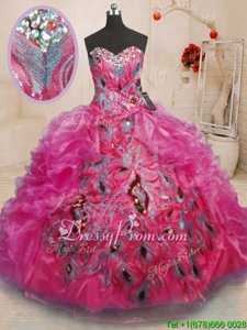 Elegant Sleeveless Floor Length Beading and Appliques and Ruffles Lace Up Quinceanera Gowns with Hot Pink