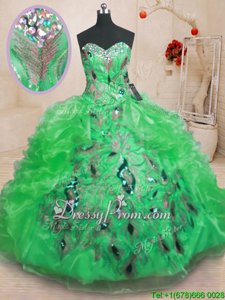 Decent Sleeveless Organza Floor Length Zipper Sweet 16 Dress inGreen forSpring and Summer and Fall and Winter withBeading and Appliques and Ruffles