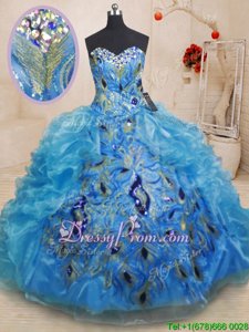 Artistic Baby Blue Ball Gowns Beading and Appliques and Ruffles Quince Ball Gowns Zipper Organza Sleeveless Floor Length