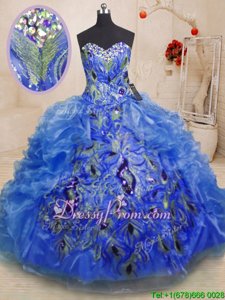 Gorgeous Blue Ball Gowns Organza Sweetheart Sleeveless Beading and Appliques and Ruffles Floor Length Zipper 15th Birthday Dress