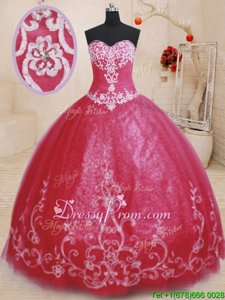 Sumptuous Red Tulle Lace Up Sweetheart Sleeveless Floor Length Quinceanera Gown Beading and Embroidery
