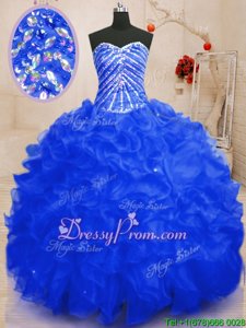 Fabulous Sweetheart Sleeveless Quinceanera Gown Floor Length Beading and Ruffles and Sequins Royal Blue Organza