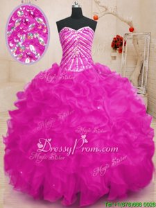 Latest Fuchsia Sleeveless Beading and Ruffles and Sequins Floor Length Sweet 16 Dress
