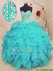 High End Aqua Blue Ball Gowns Sweetheart Sleeveless Organza Floor Length Lace Up Beading and Ruffles Sweet 16 Quinceanera Dress