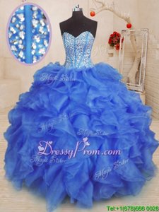 Top Selling Royal Blue Organza Lace Up Sweetheart Sleeveless Floor Length Quinceanera Gowns Beading and Ruffles