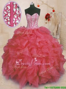 Sweet Coral Red Organza Lace Up Sweetheart Sleeveless Floor Length Ball Gown Prom Dress Beading and Ruffles