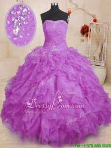 Hot Sale Beading and Ruffles and Ruching 15 Quinceanera Dress Purple Lace Up Sleeveless Floor Length
