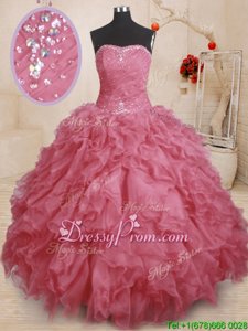 Discount Pink Strapless Lace Up Beading and Ruffles and Ruching Quinceanera Dress Sleeveless