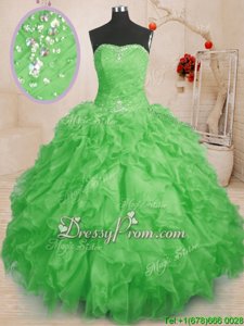 Top Selling Spring Green Lace Up Strapless Beading and Ruffles and Ruching Sweet 16 Dresses Organza Sleeveless