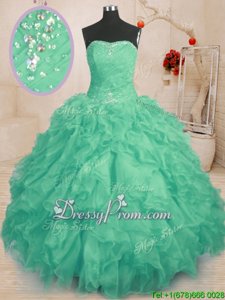 Gorgeous Turquoise Lace Up Strapless Beading and Ruffles and Ruching Quinceanera Gown Organza Sleeveless