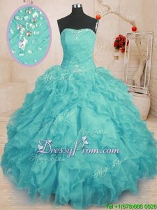 Affordable Sleeveless Floor Length Beading and Ruffles Lace Up Quinceanera Gown with Aqua Blue