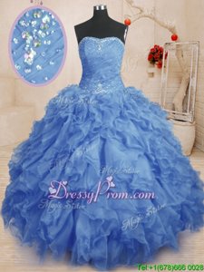 Simple Floor Length Blue Quinceanera Dress Strapless Sleeveless Lace Up