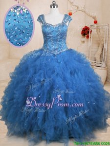 Customized Cap Sleeves Tulle Floor Length Lace Up Quinceanera Dress inTeal forSpring and Summer and Fall and Winter withBeading and Ruffles and Sequins