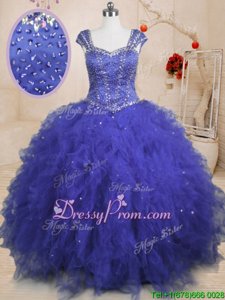 Custom Made Cap Sleeves Tulle Floor Length Lace Up Quinceanera Dress inRoyal Blue forSpring and Summer and Fall and Winter withBeading and Ruffles and Sequins