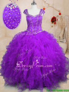 Delicate Beading and Ruffles Sweet 16 Dress Purple Lace Up Cap Sleeves Floor Length