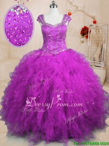 Charming Square Cap Sleeves Lace Up Quinceanera Gown Purple Tulle