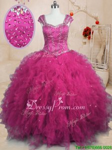 Luxurious Fuchsia Square Neckline Beading and Ruffles 15 Quinceanera Dress Cap Sleeves Lace Up