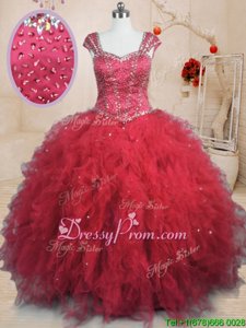 Dramatic Square Cap Sleeves Tulle Quinceanera Gowns Beading and Ruffles Lace Up