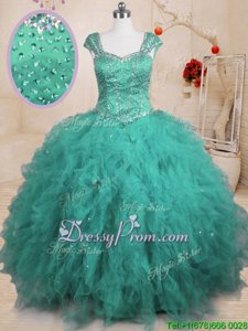 Customized Floor Length Lace Up Quinceanera Dresses Turquoise and In forMilitary Ball and Sweet 16 and Quinceanera withBeading and Ruffles