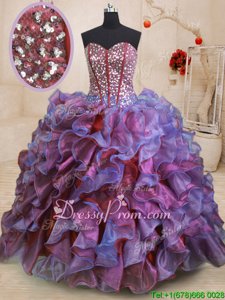 Smart Sweetheart Sleeveless 15th Birthday Dress Floor Length Beading and Ruffles Multi-color Organza