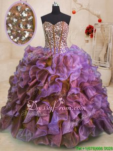 Multi-color Ball Gowns Organza Sweetheart Sleeveless Beading and Ruffles Floor Length Lace Up Vestidos de Quinceanera