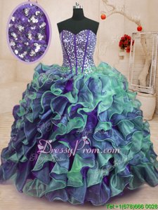 Fashion Multi-color Organza Lace Up Quinceanera Dress Sleeveless Floor Length Beading and Ruffles