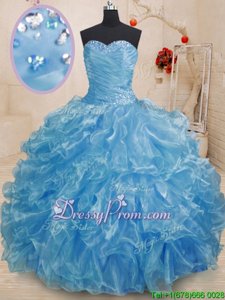 On Sale Blue Organza Lace Up Vestidos de Quinceanera Sleeveless Floor Length Beading and Ruffles