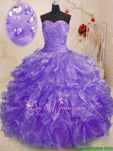 Sleeveless Floor Length Beading and Ruffles Lace Up Sweet 16 Dresses with Lavender